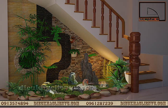 Thi c&ocirc;ng tiểu cảnh gầm cầu thang với ph&ugrave; đi&ecirc;u v&agrave; c&acirc;y xanh